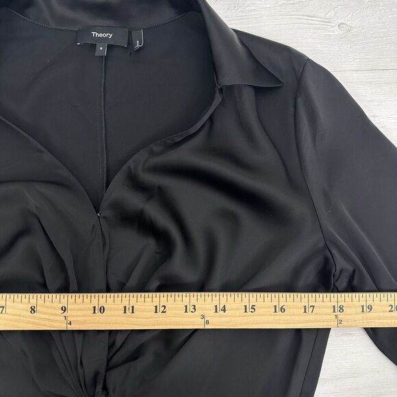 Theory Womens Black Satin Sheath Dress Size 8 Twist-Front Long-Sleeve V Neck - Picture 12 of 16